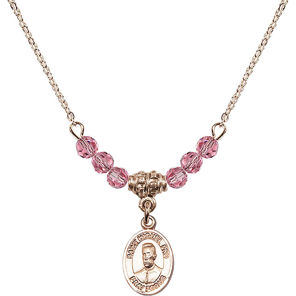 14kt Gold Filled Blessed Miguel Pro Birthstone Necklace with Rose Beads - 9389