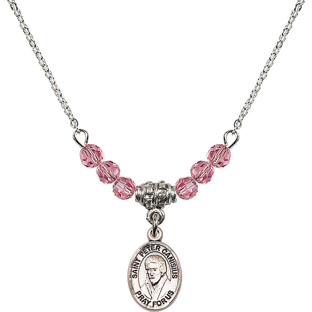 Sterling Silver Saint Peter Canisius Birthstone Necklace with Rose Beads - 9393