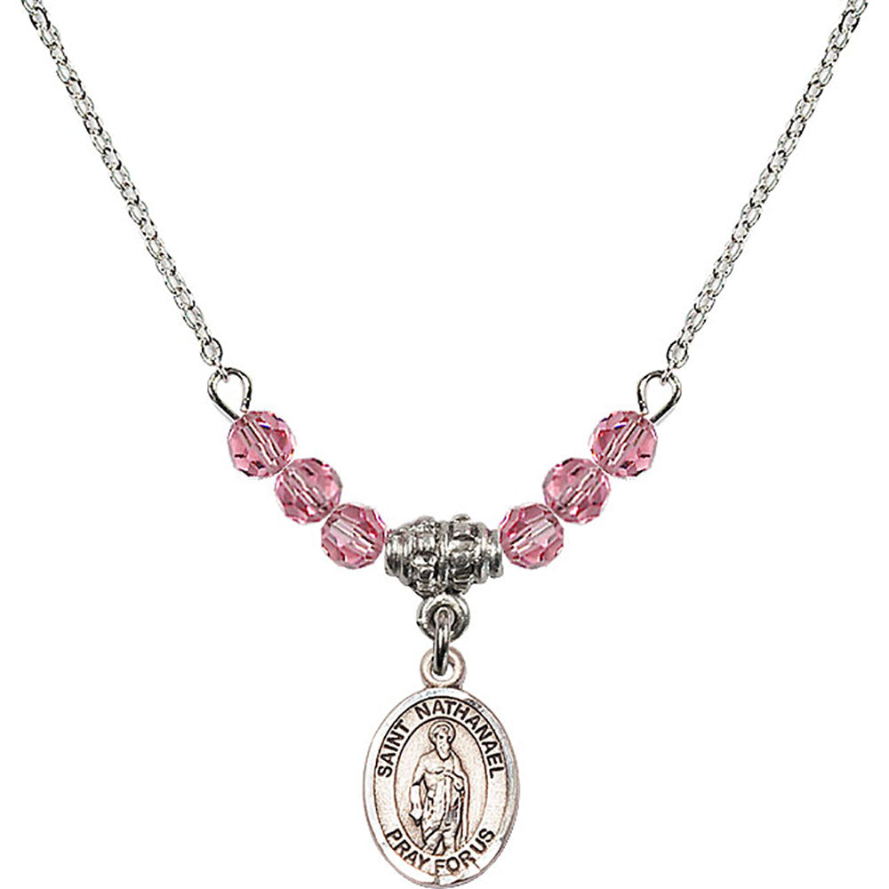 Sterling Silver Saint Nathanael Birthstone Necklace with Rose Beads - 9398