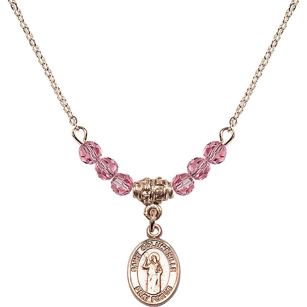 14kt Gold Filled Saint Columbkille Birthstone Necklace with Rose Beads - 9399