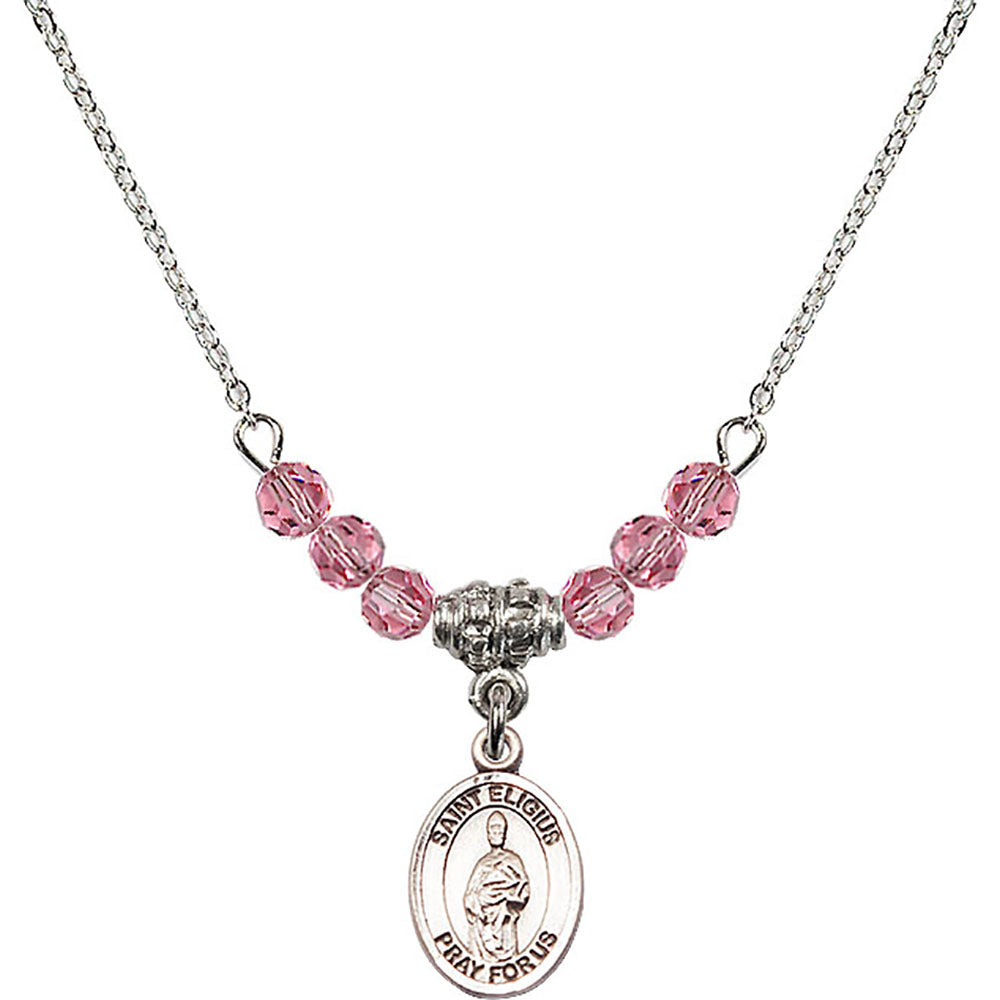 Sterling Silver Saint Eligius Birthstone Necklace with Rose Beads - 9402