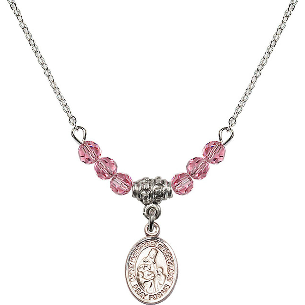 Sterling Silver Saint Margaret of Scotland Birthstone Necklace with Rose Beads - 9407