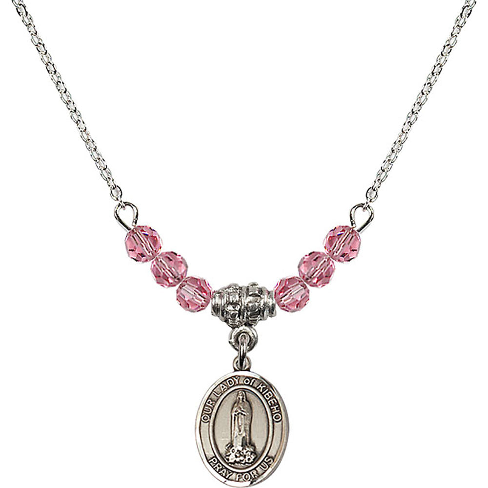 Sterling Silver Our Lady of Kibeho Birthstone Necklace with Rose Beads - 9414
