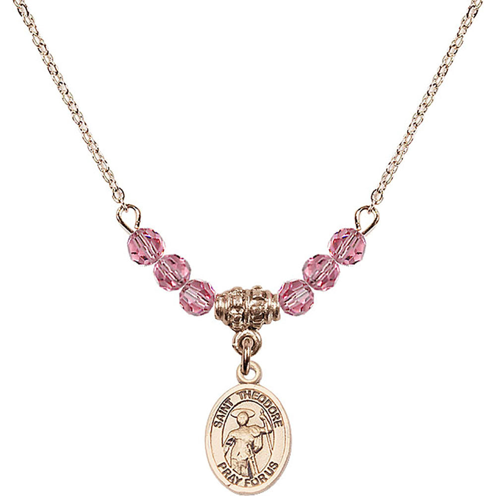 14kt Gold Filled Saint Theodore Stratelates Birthstone Necklace with Rose Beads - 9415