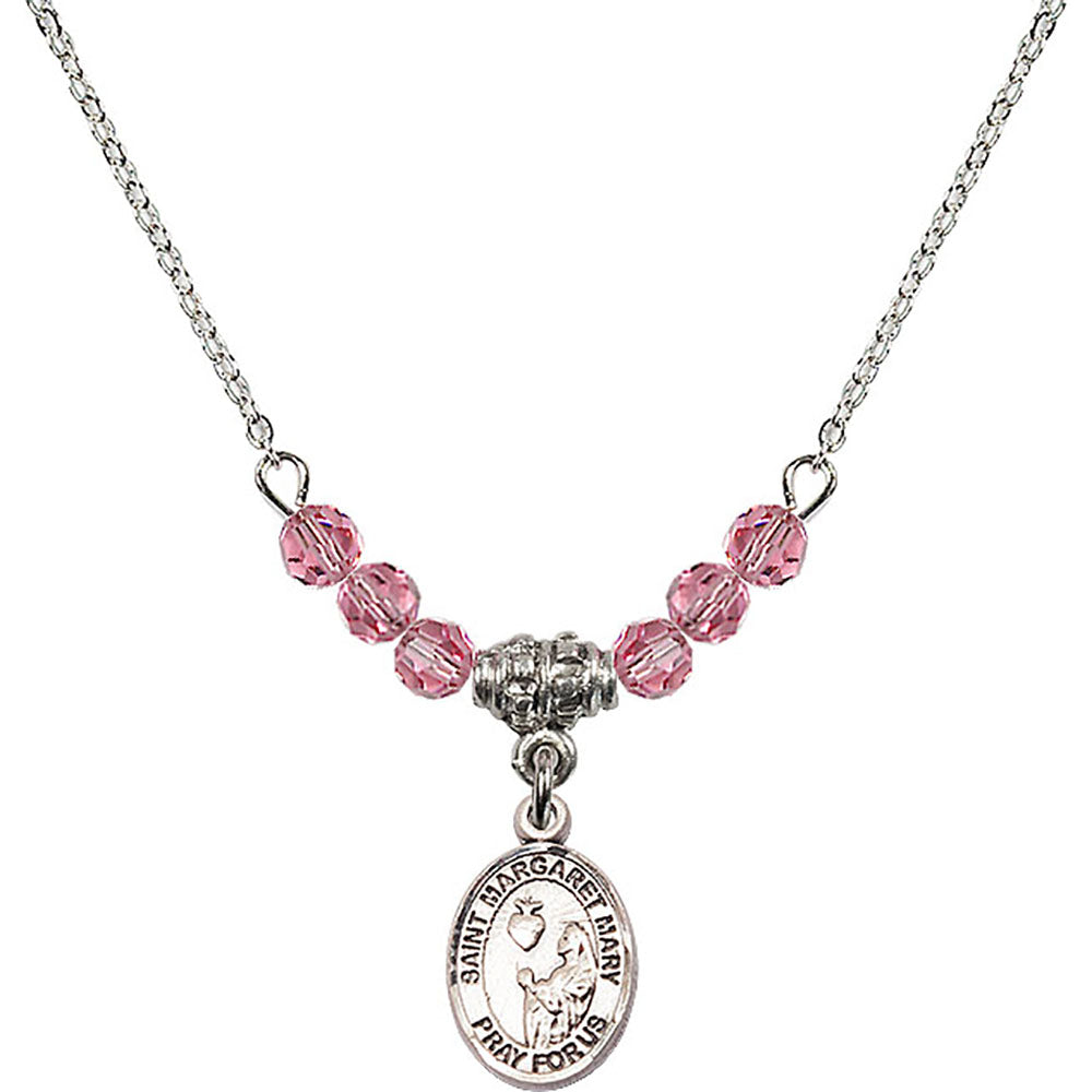 Sterling Silver Saint Margaret Mary Alacoque Birthstone Necklace with Rose Beads - 9420