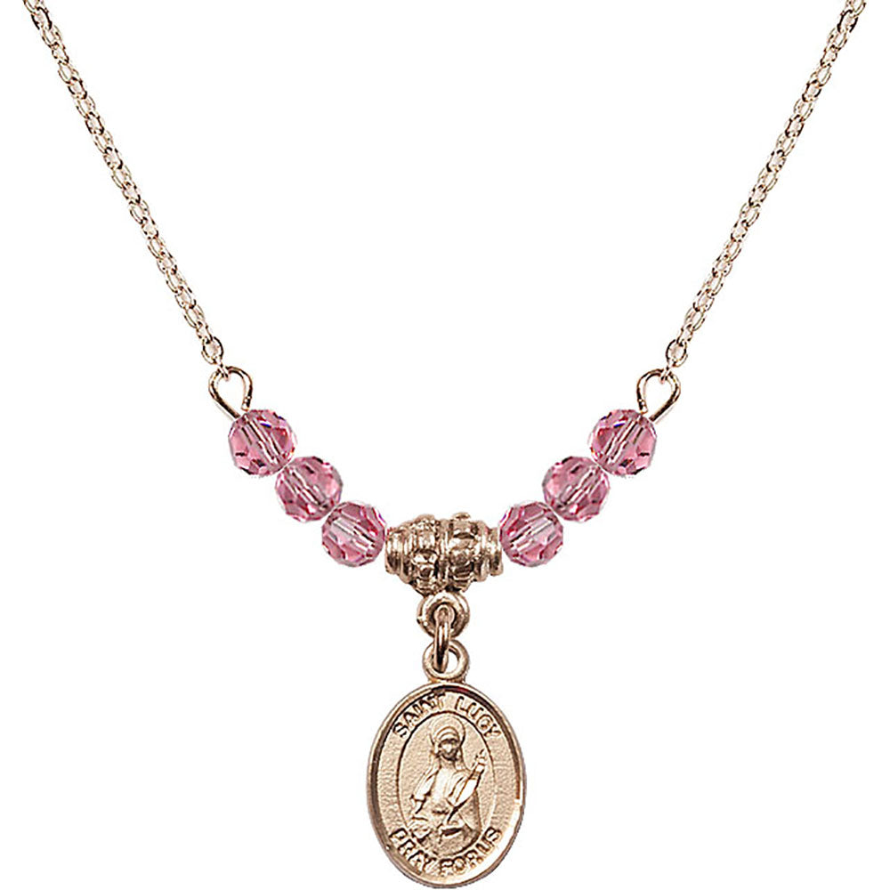 14kt Gold Filled Saint Lucy Birthstone Necklace with Rose Beads - 9422