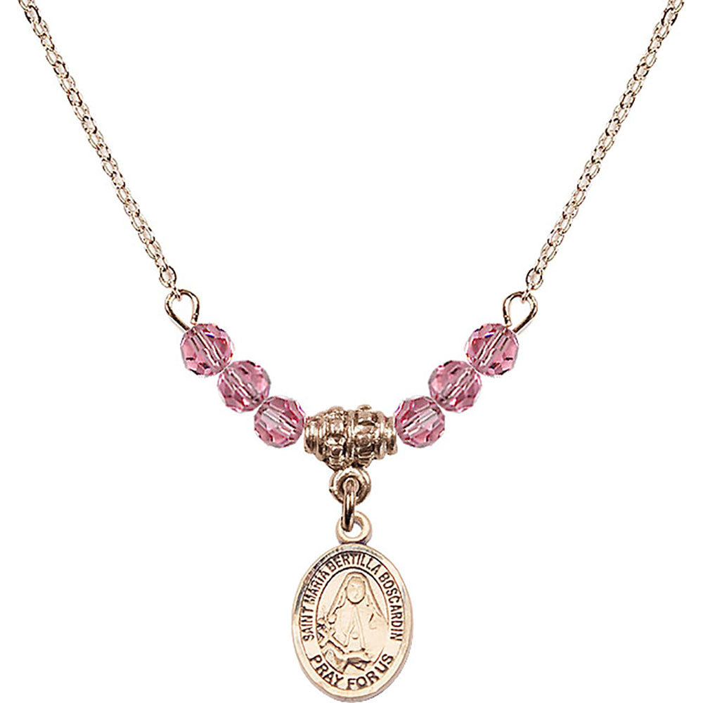 14kt Gold Filled Saint Maria Bertilla Boscardin Birthstone Necklace with Rose Beads - 9428