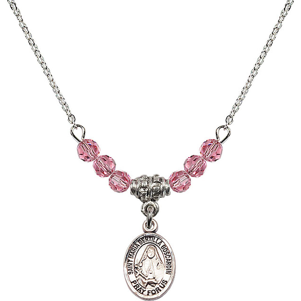 Sterling Silver Saint Maria Bertilla Boscardin Birthstone Necklace with Rose Beads - 9428
