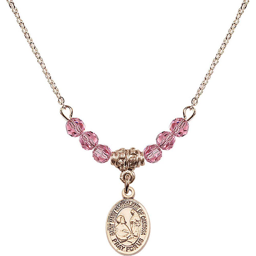 14kt Gold Filled Saint Mary Magdalene of Canossa Birthstone Necklace with Rose Beads - 9429