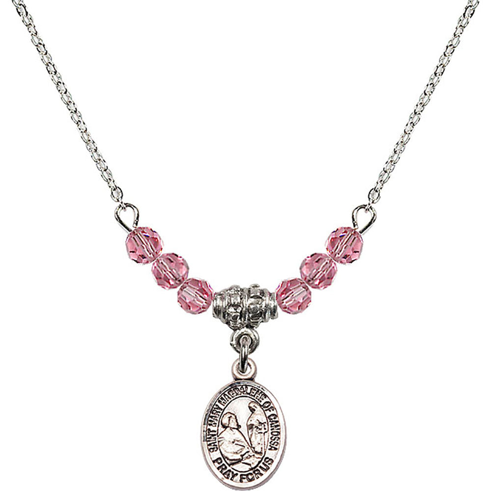 Sterling Silver Saint Mary Magdalene of Canossa Birthstone Necklace with Rose Beads - 9429