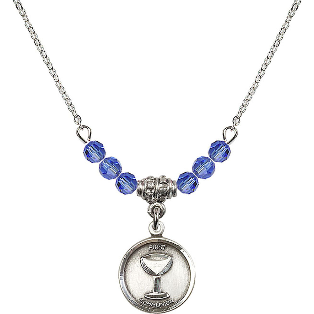 Sterling Silver Communion Birthstone Necklace with Sapphire Beads - 0601