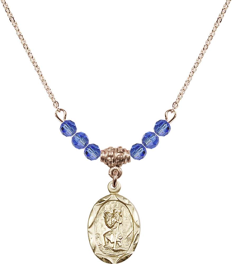 14kt Gold Filled Saint Christopher Birthstone Necklace with Sapphire Beads - 0612