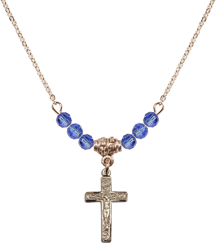 14kt Gold Filled Crucifix Birthstone Necklace with Sapphire Beads - 0672