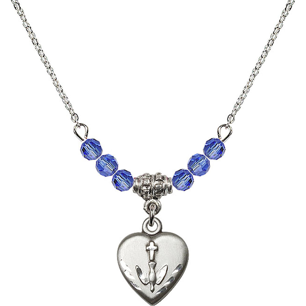 Sterling Silver Heart / Confirmation Birthstone Necklace with Sapphire Beads - 0891