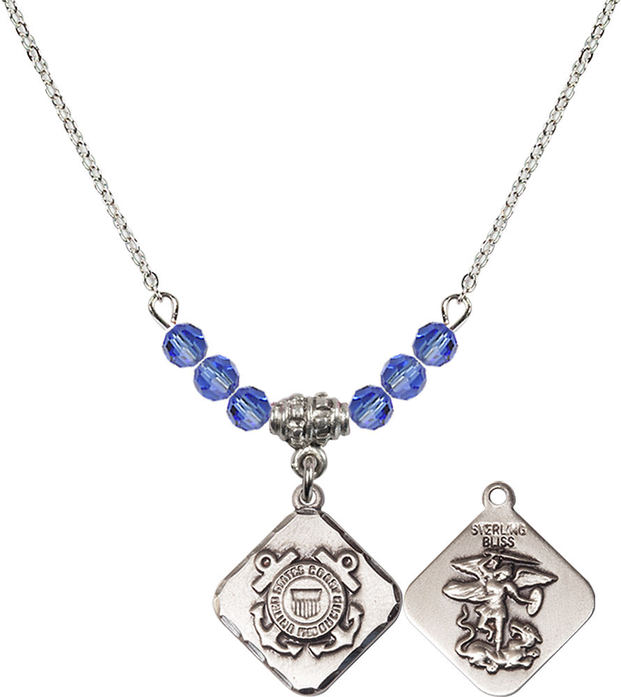 Sterling Silver Coast Guard Diamond Birthstone Necklace with Sapphire Beads - 1180