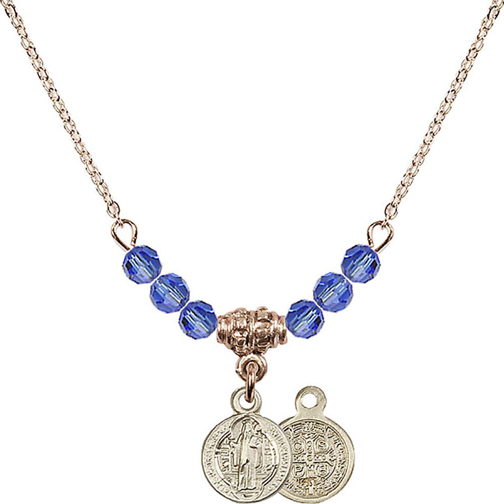 14kt Gold Filled Saint Benedict Birthstone Necklace with Sapphire Beads - 2341