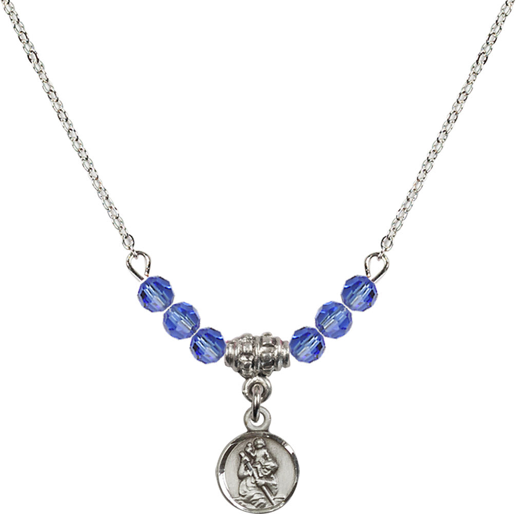 Sterling Silver Saint Christopher Birthstone Necklace with Sapphire Beads - 2343
