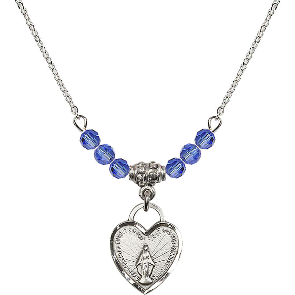 Sterling Silver Miraculous Heart Birthstone Necklace with Sapphire Beads - 3401