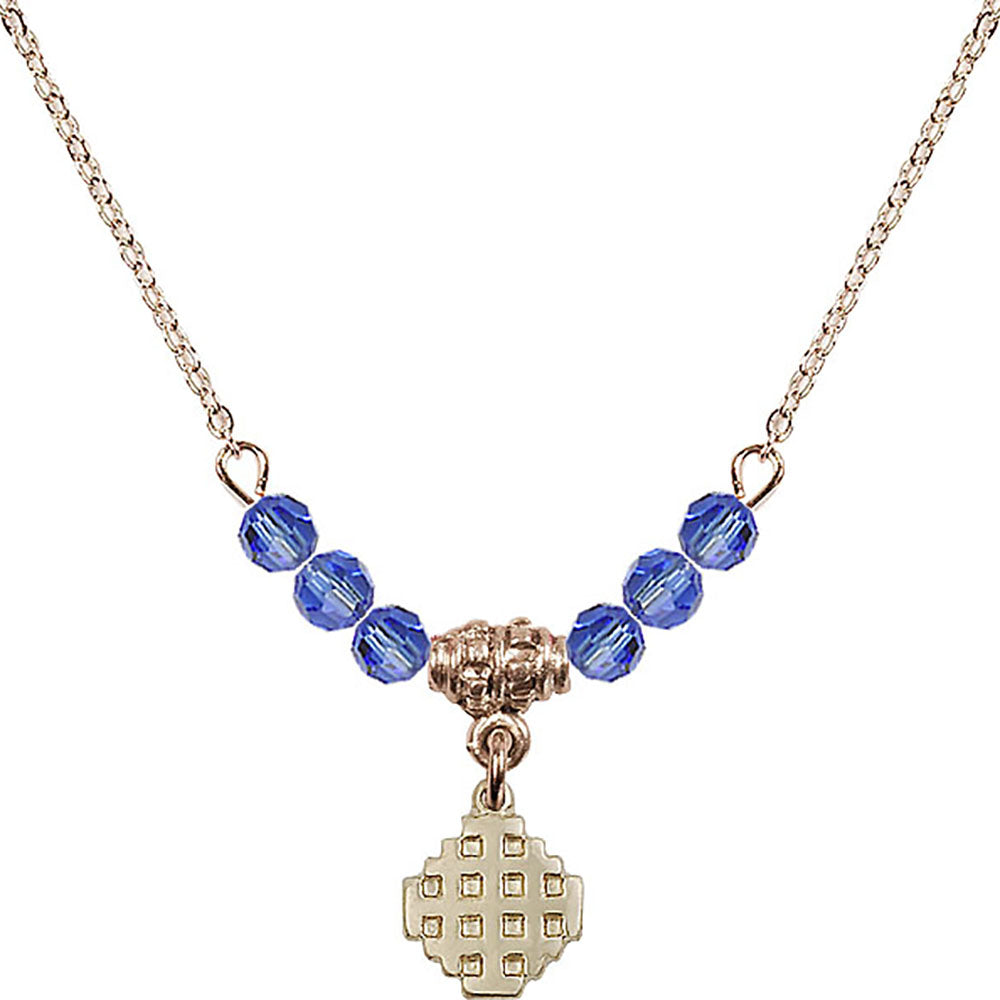 14kt Gold Filled Jerusalem Cross Birthstone Necklace with Sapphire Beads - 4118
