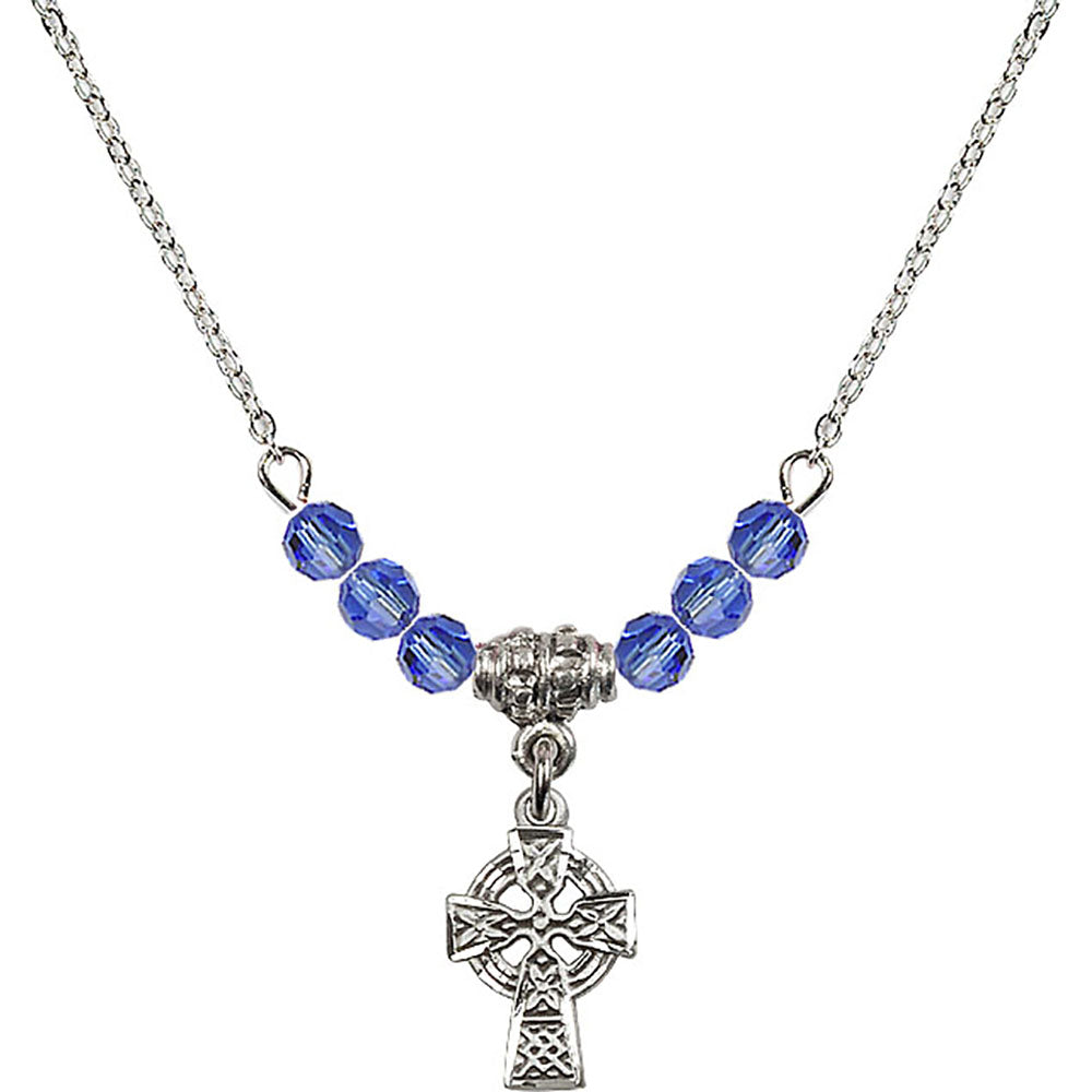 Sterling Silver Celtic Cross Birthstone Necklace with Sapphire Beads - 4133