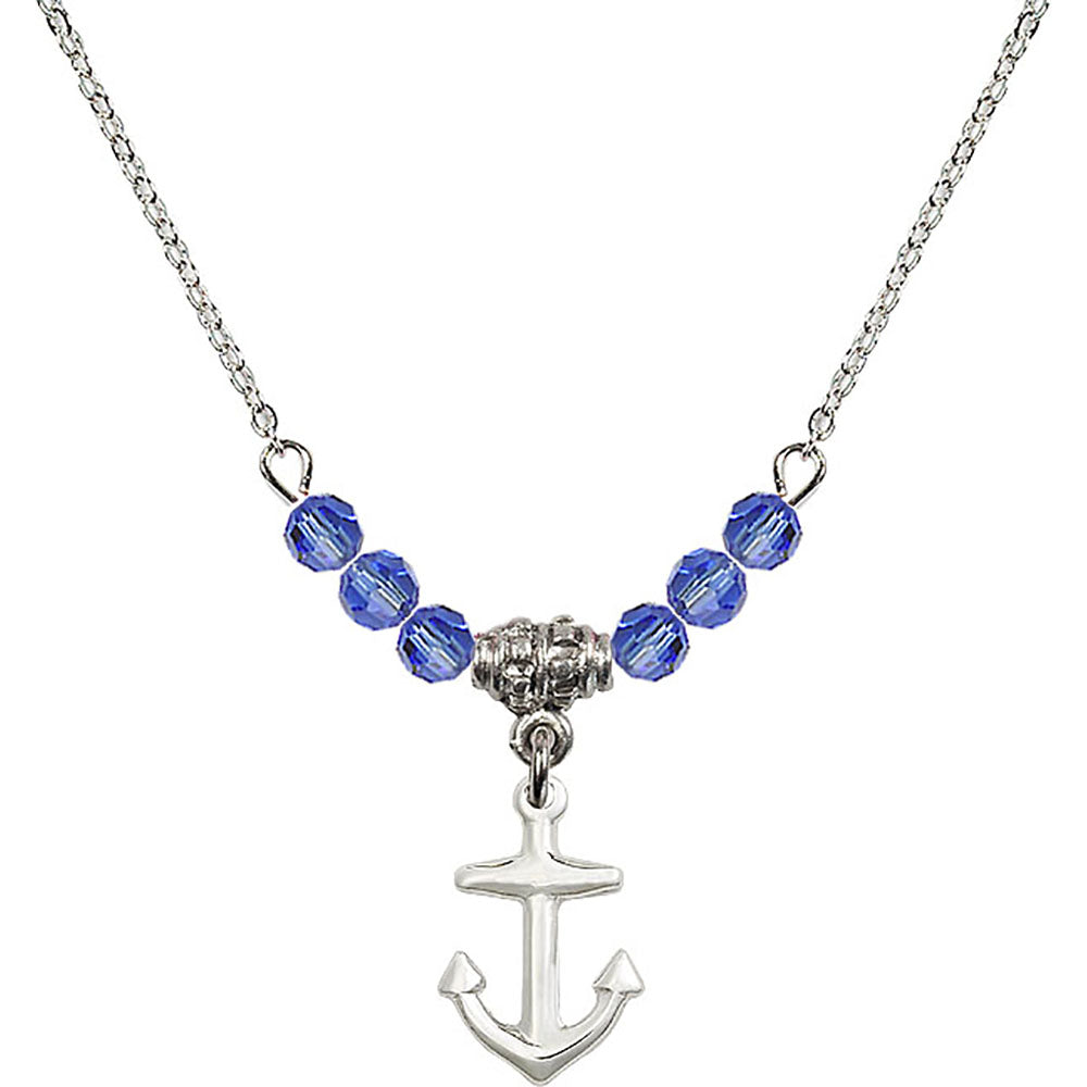 Sterling Silver Anchor Birthstone Necklace with Sapphire Beads - 4158