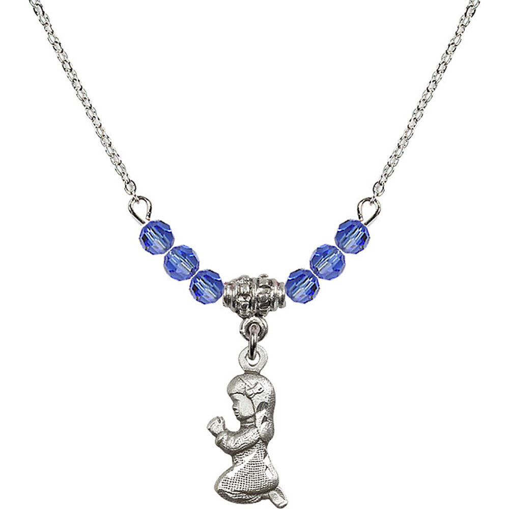 Sterling Silver Praying Girl Birthstone Necklace with Sapphire Beads - 4262