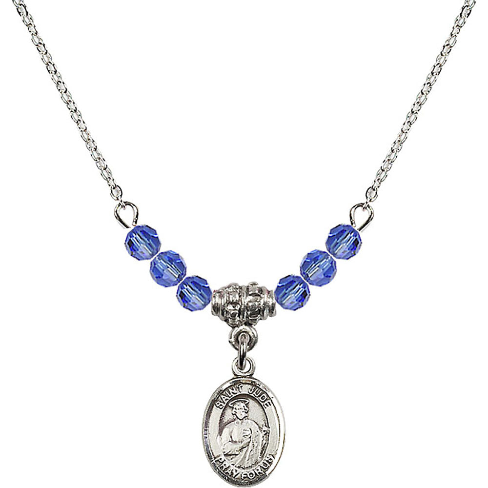 Sterling Silver Saint Jude Thaddeus Birthstone Necklace with Sapphire Beads - 9060