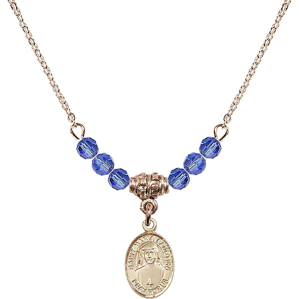 14kt Gold Filled Saint Maria Faustina Birthstone Necklace with Sapphire Beads - 9069