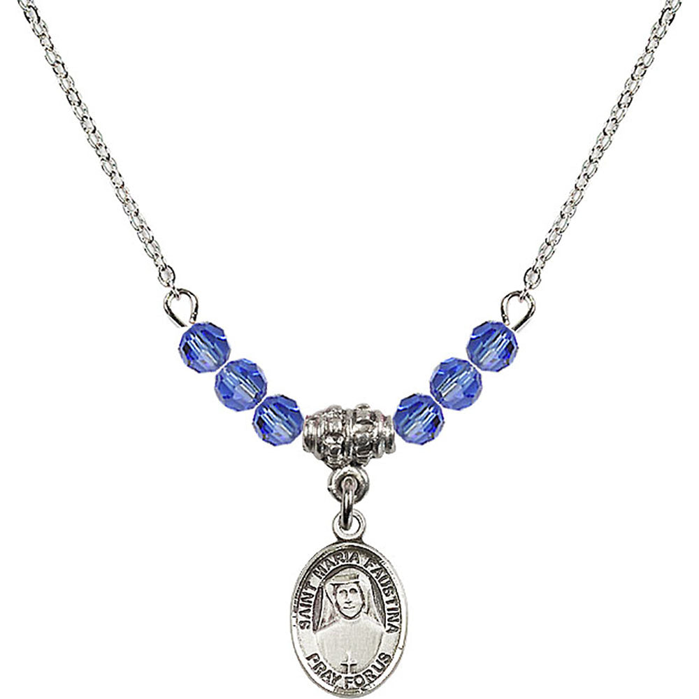 Sterling Silver Saint Maria Faustina Birthstone Necklace with Sapphire Beads - 9069