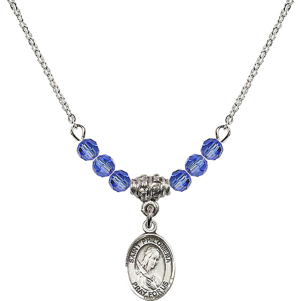 Sterling Silver Saint Philomena Birthstone Necklace with Sapphire Beads - 9077