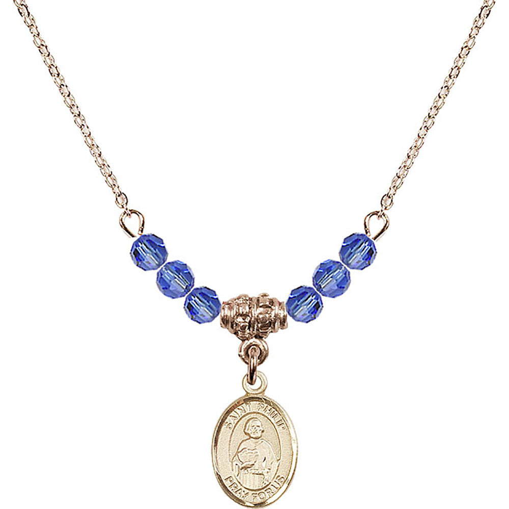 14kt Gold Filled Saint Philip the Apostle Birthstone Necklace with Sapphire Beads - 9083