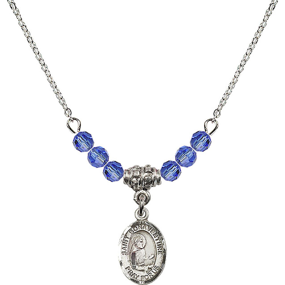 Sterling Silver Saint Bonaventure Birthstone Necklace with Sapphire Beads - 9085