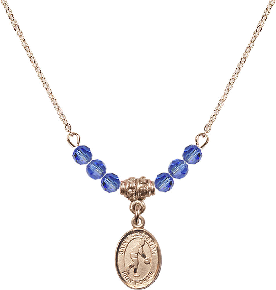 14kt Gold Filled Saint Sebastian/Basketball Birthstone Necklace with Sapphire Beads - 9163