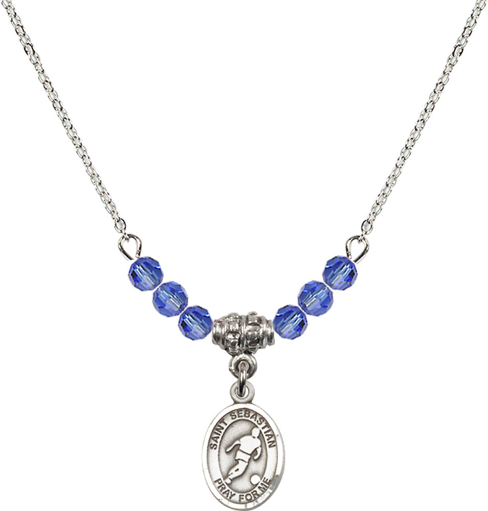 Sterling Silver Saint Sebastian/Soccer Birthstone Necklace with Sapphire Beads - 9164