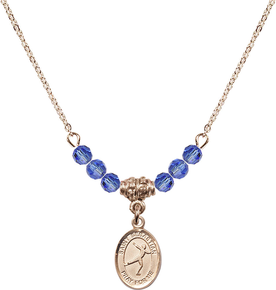 14kt Gold Filled Saint Sebastian/Figure Skating Birthstone Necklace with Sapphire Beads - 9177