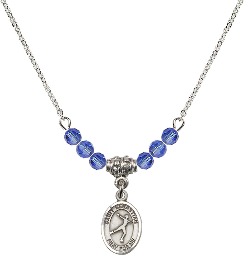 Sterling Silver Saint Sebastian/Figure Skating Birthstone Necklace with Sapphire Beads - 9177