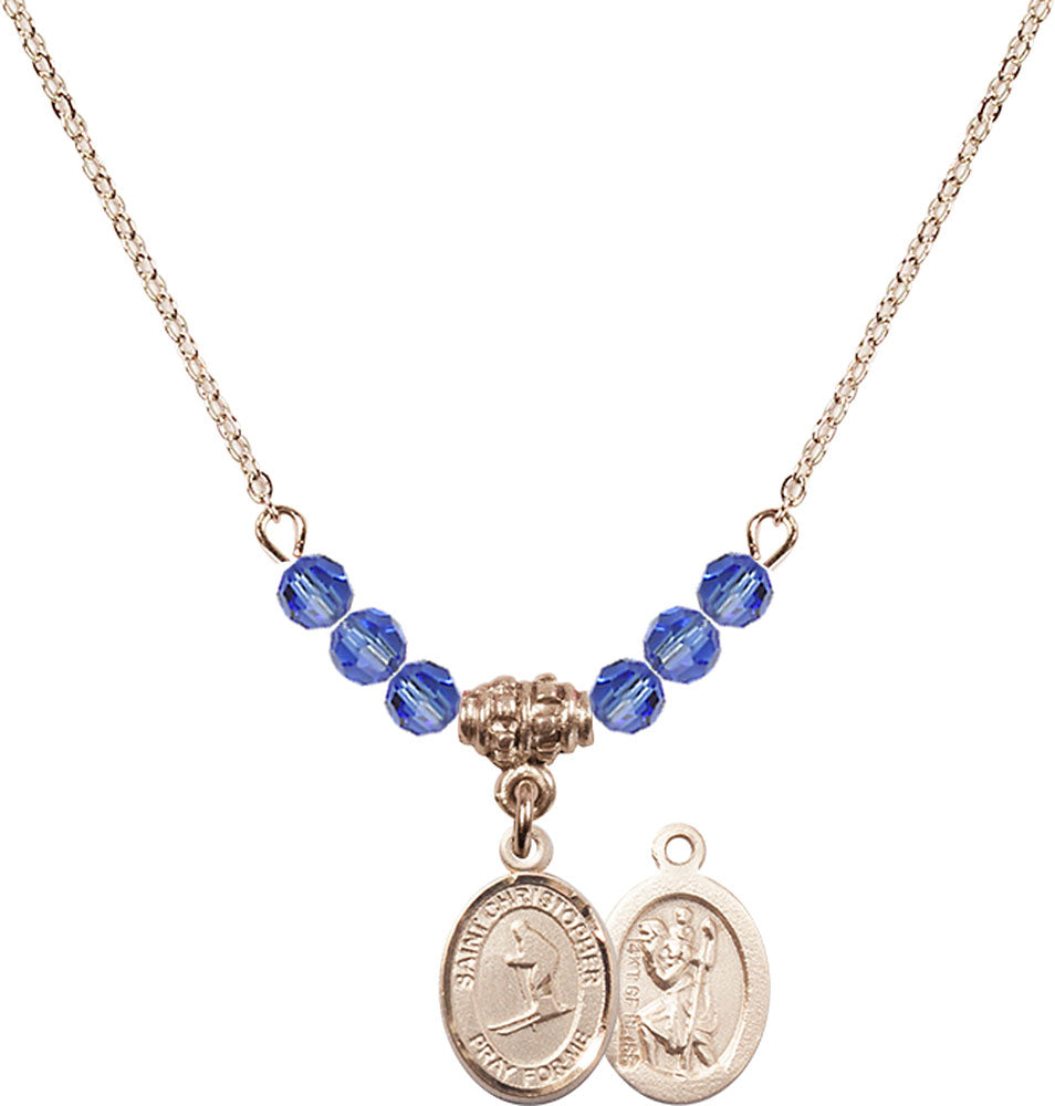 14kt Gold Filled Saint Christopher / Skiing Birthstone Necklace with Sapphire Beads - 9193