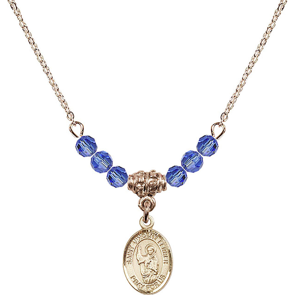 14kt Gold Filled Saint Vincent Ferrer Birthstone Necklace with Sapphire Beads - 9201
