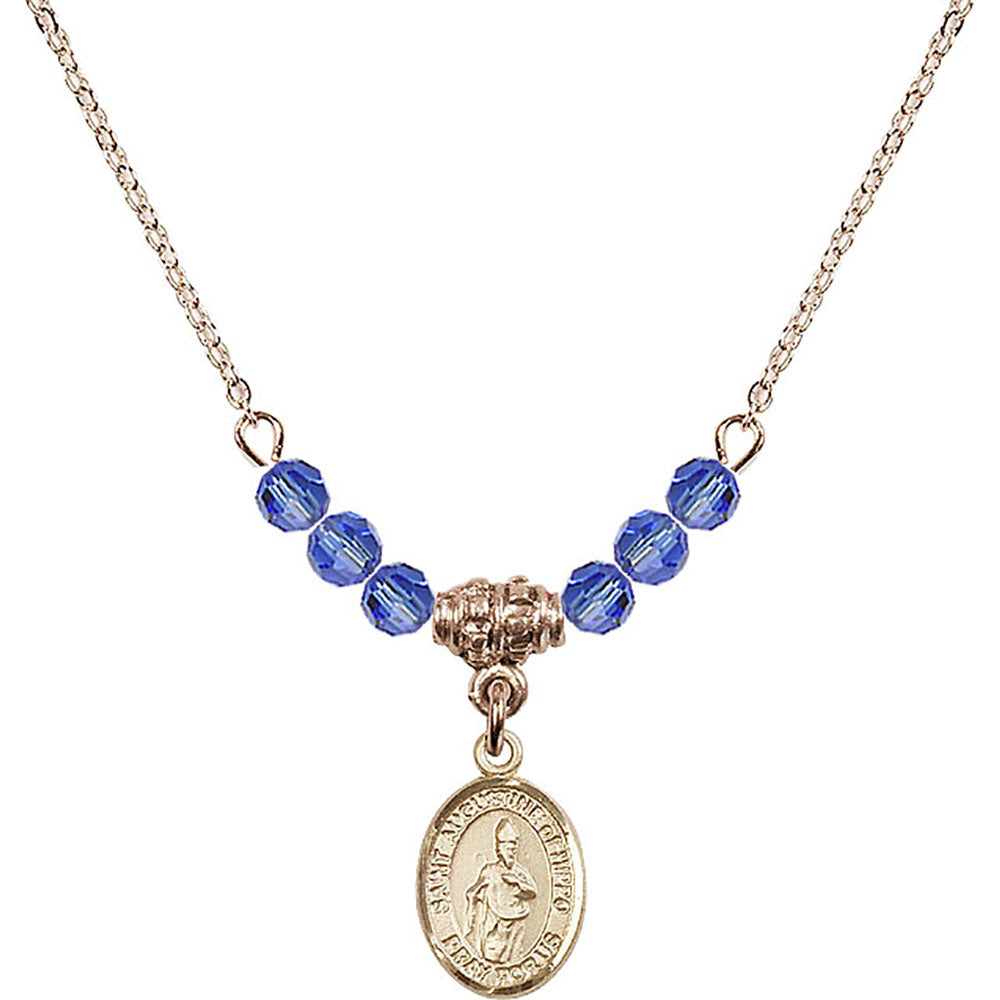 14kt Gold Filled Saint Augustine of Hippo Birthstone Necklace with Sapphire Beads - 9202