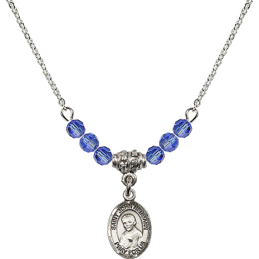 Sterling Silver Saint John Neumann Birthstone Necklace with Sapphire Beads - 9204