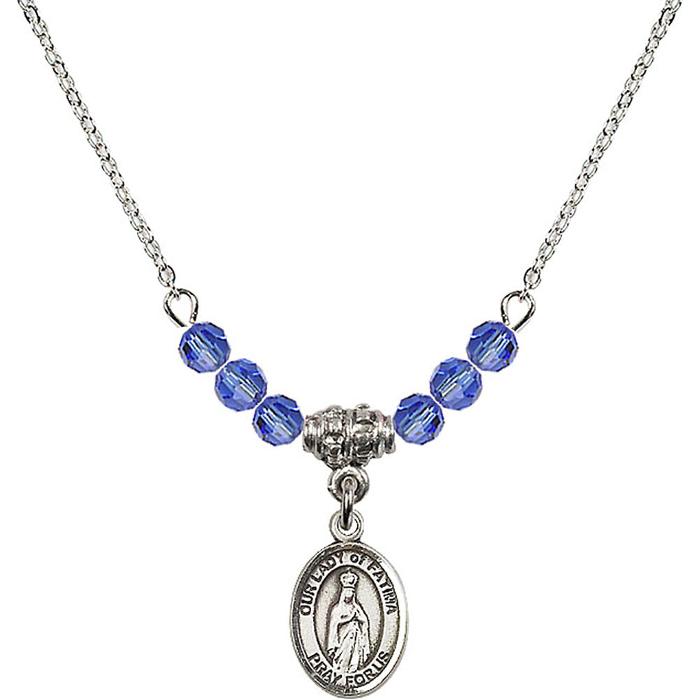 Sterling Silver Our Lady of Fatima Birthstone Necklace with Sapphire Beads - 9205