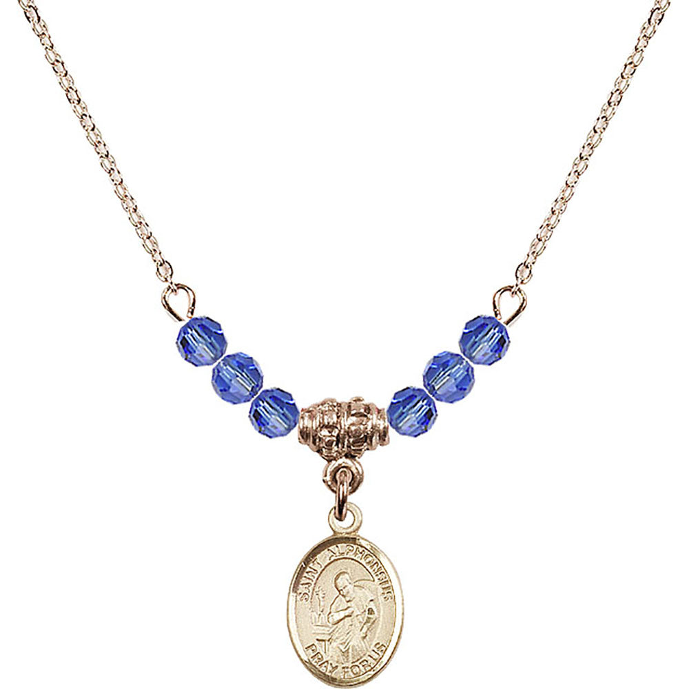 14kt Gold Filled Saint Alphonsus Birthstone Necklace with Sapphire Beads - 9221