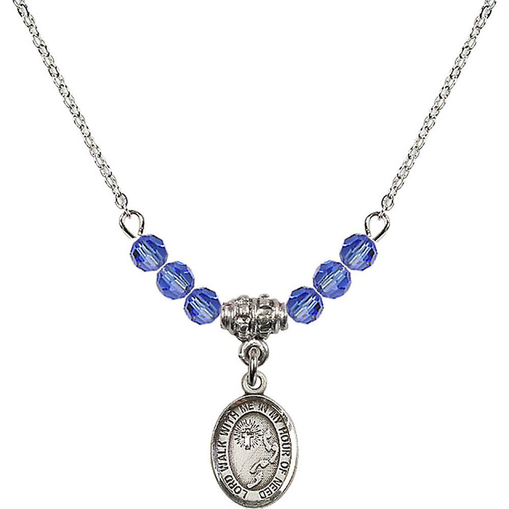 Sterling Silver Footprints / Cross Birthstone Necklace with Sapphire Beads - 9237