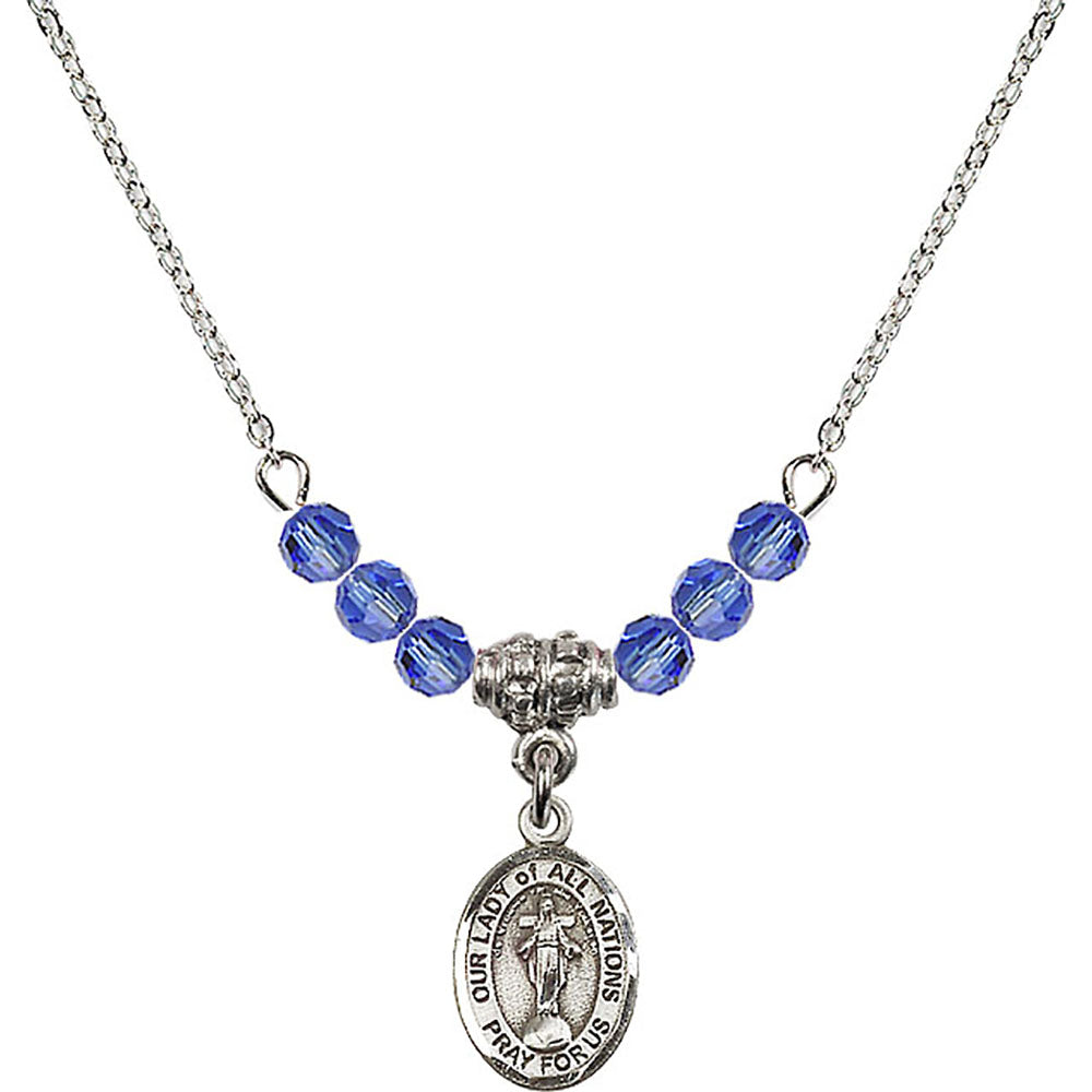 Sterling Silver Our Lady of All Nations Birthstone Necklace with Sapphire Beads - 9242
