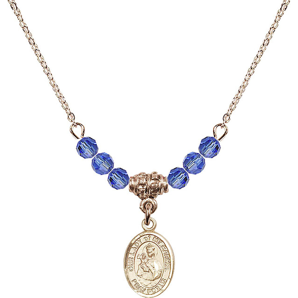 14kt Gold Filled Our Lady of Mount Carmel Birthstone Necklace with Sapphire Beads - 9243