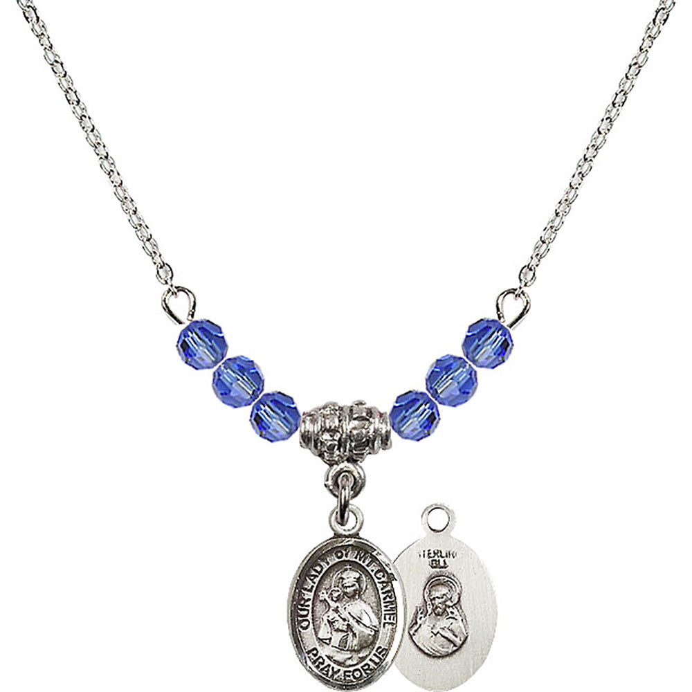 Sterling Silver Our Lady of Mount Carmel Birthstone Necklace with Sapphire Beads - 9243