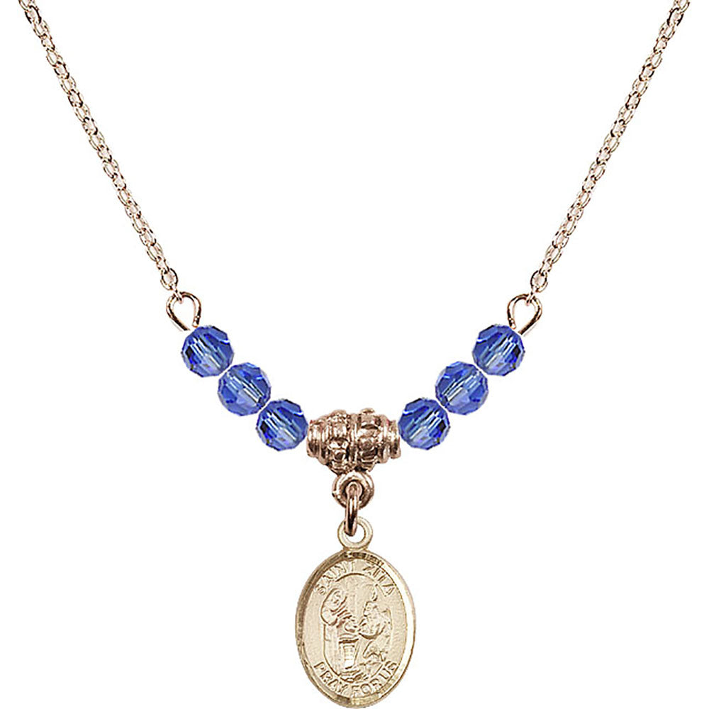 14kt Gold Filled Saint Zita Birthstone Necklace with Sapphire Beads - 9244