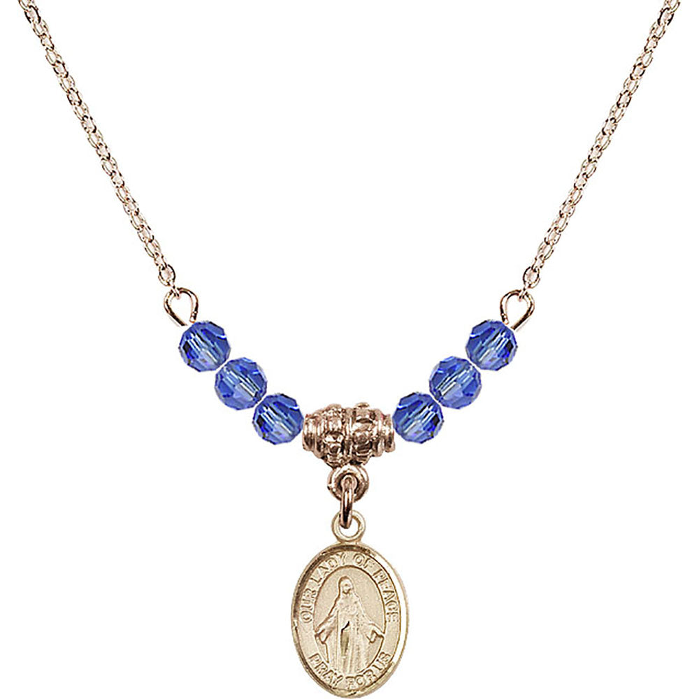 14kt Gold Filled Our Lady of Peace Birthstone Necklace with Sapphire Beads - 9245