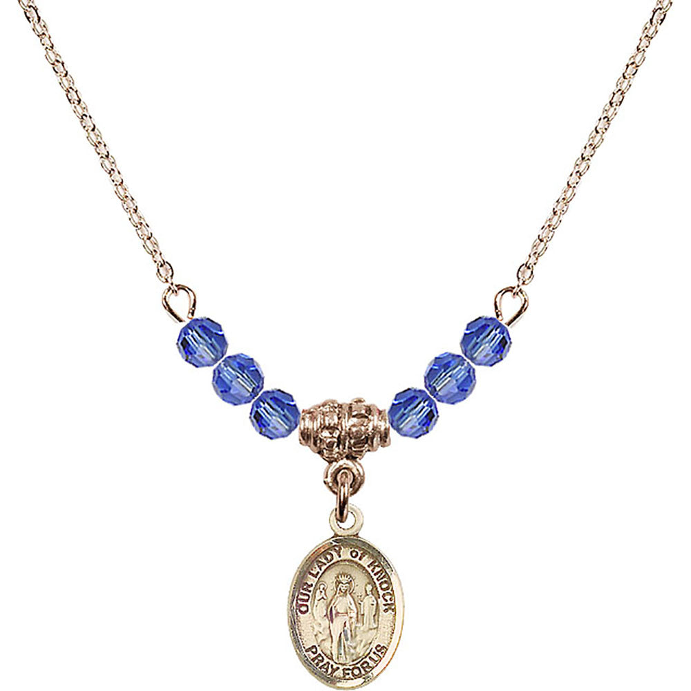 14kt Gold Filled Our Lady of Knock Birthstone Necklace with Sapphire Beads - 9246
