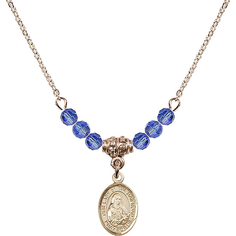 14kt Gold Filled Our Lady of the Railroad Birthstone Necklace with Sapphire Beads - 9247